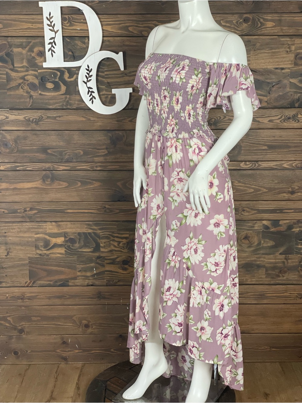 Surf Gypsy | Mauve Floral Off-Shoulder Maxi Dress High Low Ruffle Button Down